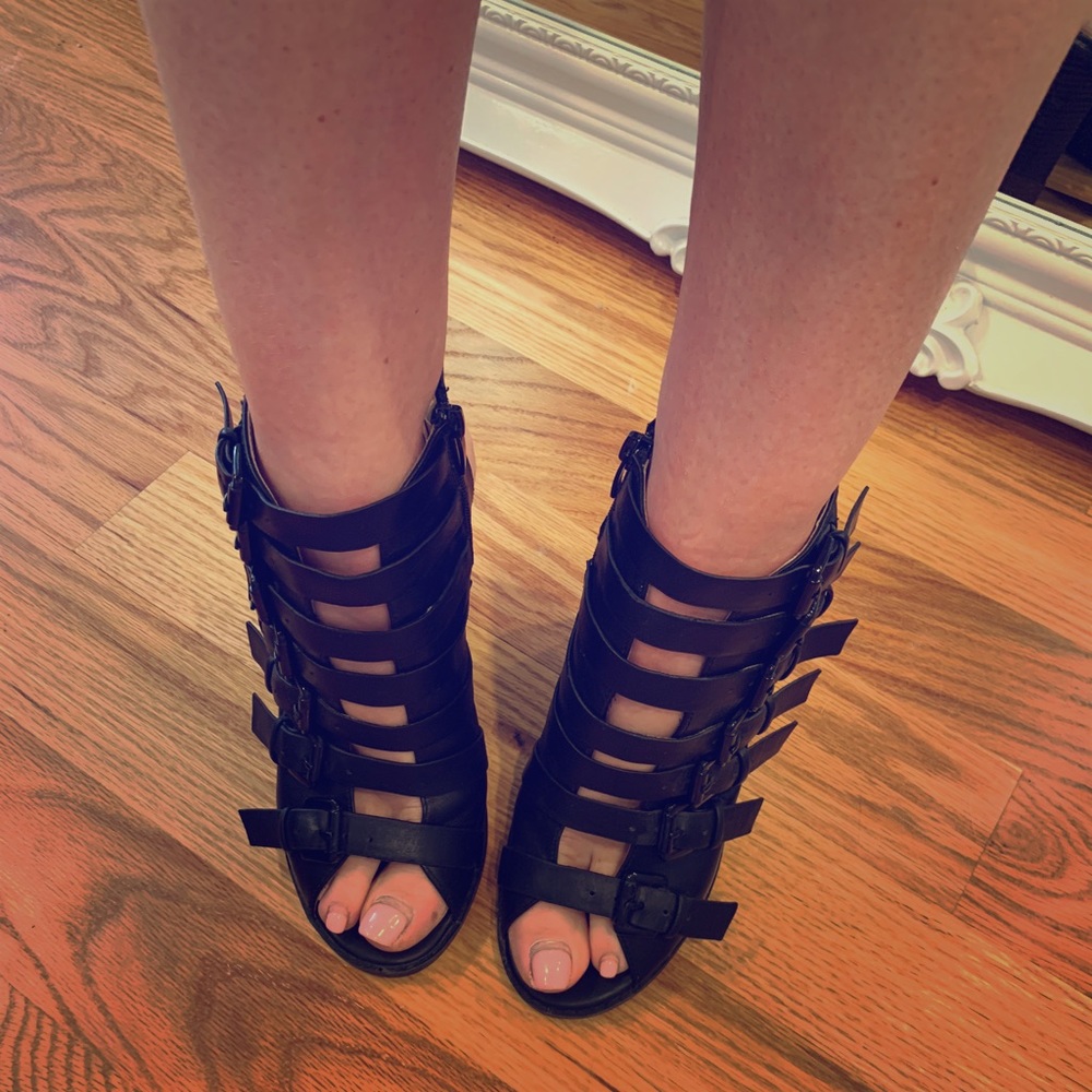 Topshop Multi Buckle Leather Open Toe Heel Booties